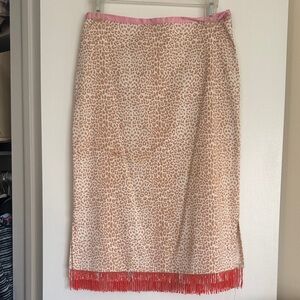 David B Leopard Print Skirt with Orange Fringe Hem and Silk Pink Trim